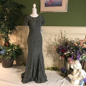Long grey lace formal evening dress